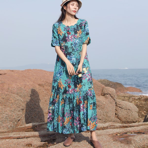 Retro Floral Lightweight Cotton Summer Seaside Dress Soft Cotton Maxi Dress Loose Fitting Plus Size Dress Plus Size Clothing Oversized Dress