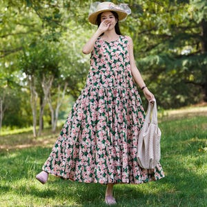 New Arrival Romantic Rose Printing Loose Summer Dress Lightweight Soft Cotton Maxi Dress Plus Size Dress Plus Size Clothing Style 056P