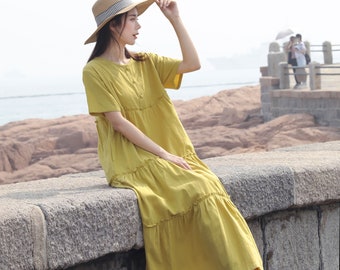 Robe d'été ample en lin Robe longue en lin et coton doux Vêtements grande taille Robe en lin grande taille Robe en lin oversize style 033W