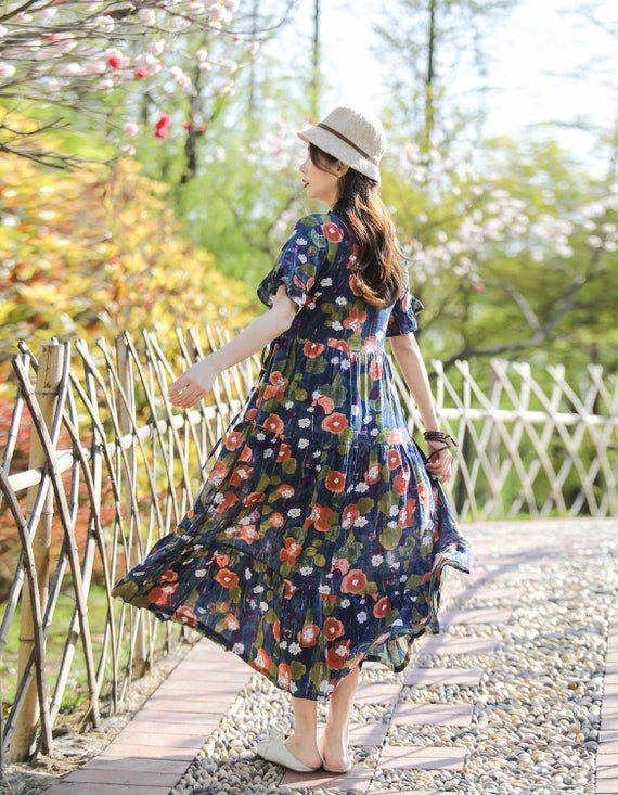 New Arrival Retro Printing Loose Summer Dress Lightweight Soft Cotton Maxi Dress Plus Size Dress Plus Size Clothing Holiday Gift Style 182P