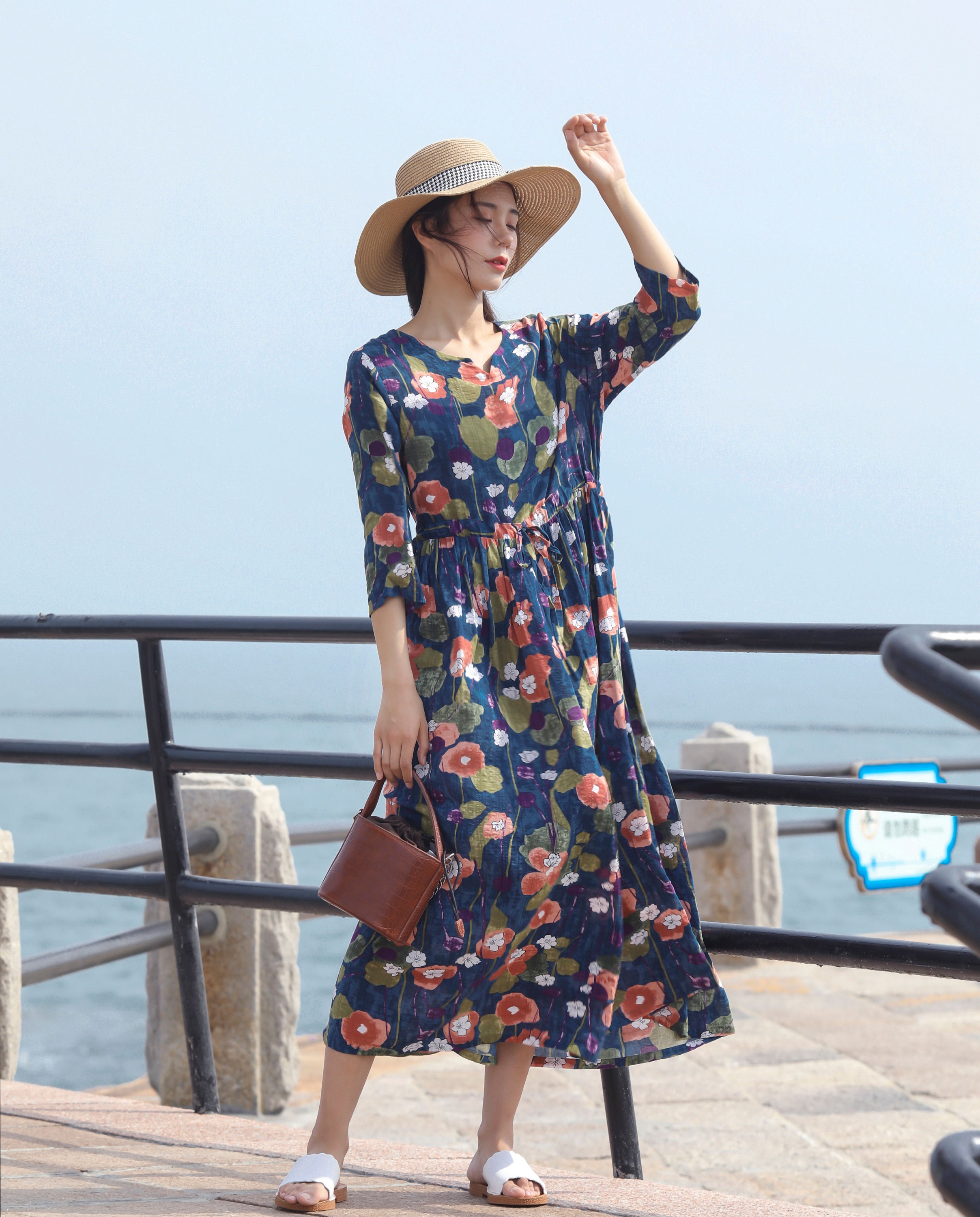 Retro Printing Summer Seaside Dress Lightweight Cotton Maxi | Etsy