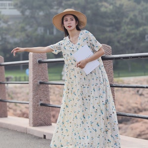 Retro Printing Summer Seaside Cotton Dress Lightweight Soft Cotton Maxi Dress Plus Size Dress Plus Size Clothing Oversized Cotton Dress image 2