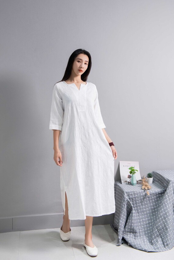 open lace back dress Vintage Floral Linen Cotton Maxi Dress – Puff Sleeve Wedding Floral / Custom Order main image 0