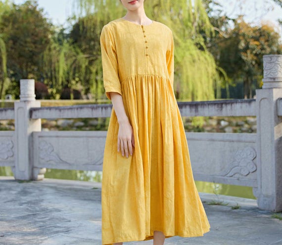 cotton or linen summer dresses Short Sleeve Linen Summer Dress, Pleated Flare Midi Dress, Calf Length Linen Dress, Midi Cotton Linen Dresses, Comfortable Everyday Outfit