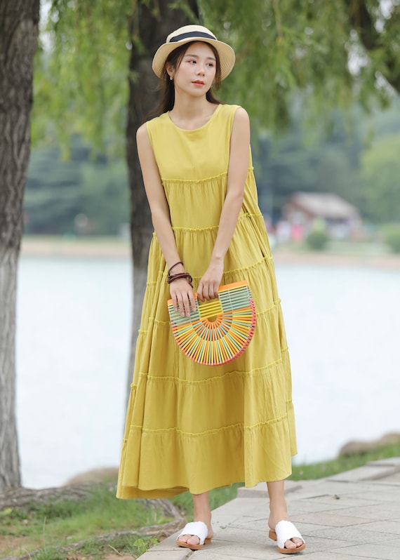 Vestido Algodon Vestido De Verano Sin Mangas Para Mujer Lino Y