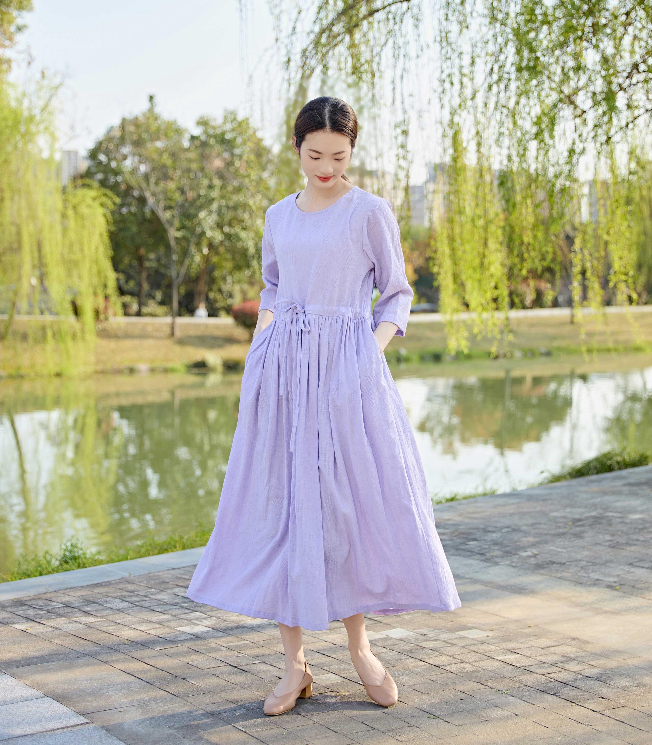 New Arrival Adjustable Waist Jacquard Linen Summer Dress Soft Cotton Linen Maxi Dress Loose Plus Size Dress Plus Size Clothing Style 188
