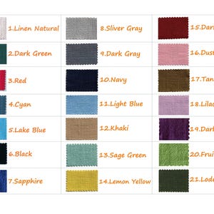 Puede incluir: Una carta de colores con 21 muestras de tela en varios tonos. Los colores incluyen Lino Natural, Verde Oscuro, Rojo, Cian, Azul Lago, Negro, Zafiro, Gris Plata, Gris Oscuro, Marino, Azul Claro, Caqui, Verde Salvia, Amarillo Lim&oacute;n, Rojo Oscuro, Rosa Polvo, Tostado, Lila, Morado Oscuro, Verde Fruta y Verde Loden.