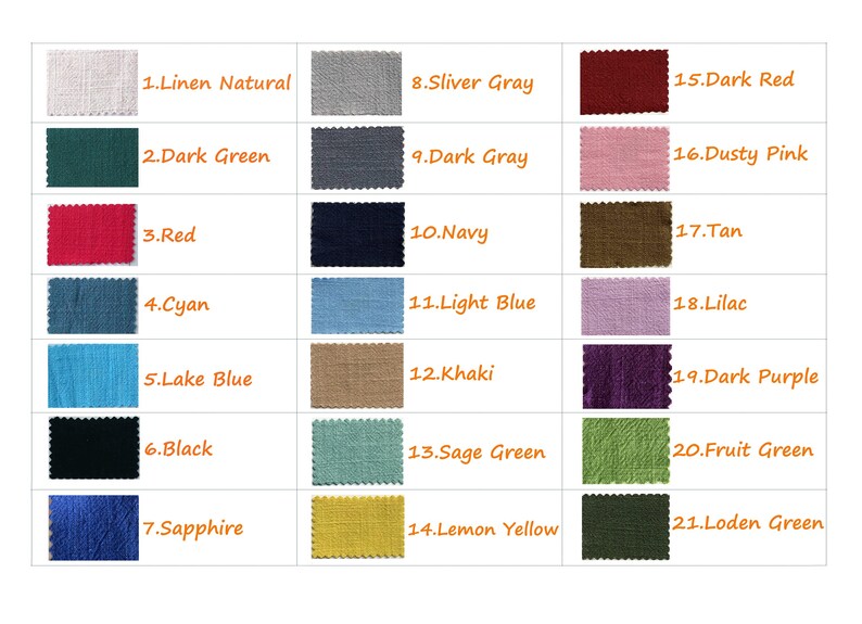 Puede incluir: Una carta de colores con 21 muestras de tela en varios tonos. Los colores incluyen Lino Natural, Verde Oscuro, Rojo, Cian, Azul Lago, Negro, Zafiro, Gris Plata, Gris Oscuro, Marino, Azul Claro, Caqui, Verde Salvia, Amarillo Lim&oacute;n, Rojo Oscuro, Rosa Polvo, Tostado, Lila, Morado Oscuro, Verde Fruta y Verde Loden.