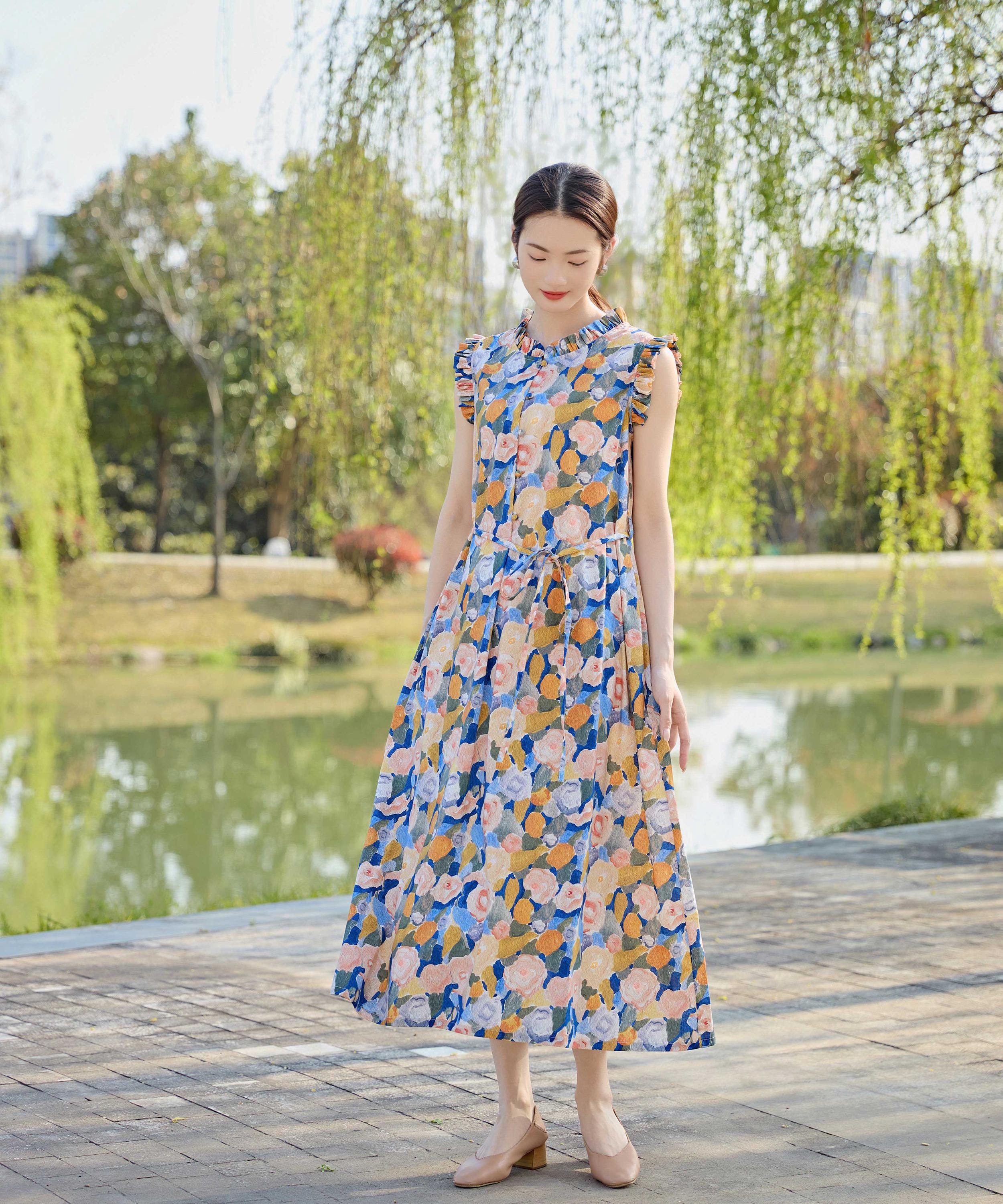 New Arrival Retro Printing Cotton Summer Dress Lightweight Soft Cotton Maxi Dress Plus Size Dress Plus Size Clothing Loose Dress Style 187P