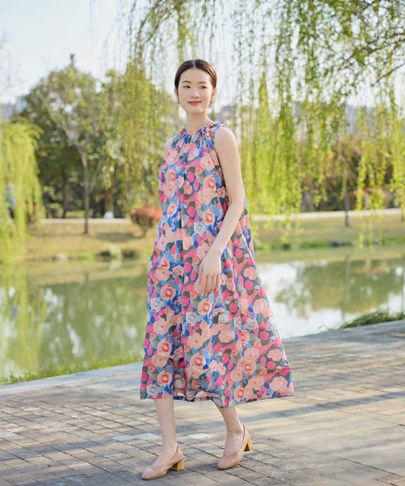 lightweight plus size summer dresses Rose Print Cotton Maxi Dress: Lightweight Summer Plus Size Style 185P