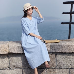 Handmade Buttons Linen Dress Loose Cotton Linen Maxi Dress Plus Size ...