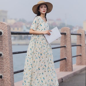 Retro Printing Summer Seaside Cotton Dress Lightweight Soft Cotton Maxi Dress Plus Size Dress Plus Size Clothing Oversized Cotton Dress image 5