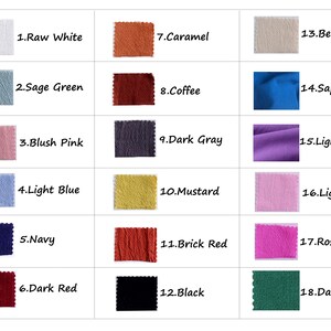 May include: Swatch card with 18 fabric samples in various colors, including raw white, sage green, blush pink, light blue, navy, dark red, caramel, coffee, dark gray, mustard, brick red, black, beige, sapphire, light purple, light pink, rosy, and dark green.