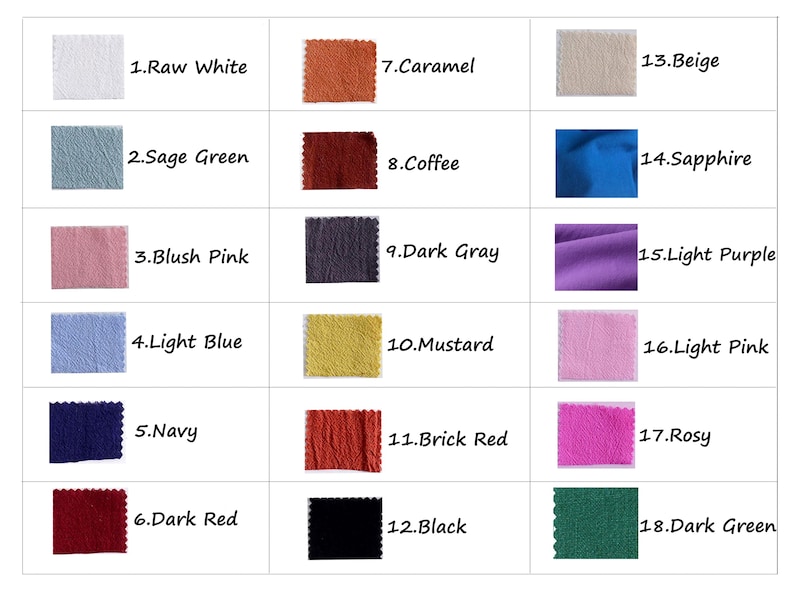 May include: Swatch card with 18 fabric samples in various colors, including raw white, sage green, blush pink, light blue, navy, dark red, caramel, coffee, dark gray, mustard, brick red, black, beige, sapphire, light purple, light pink, rosy, and dark green.