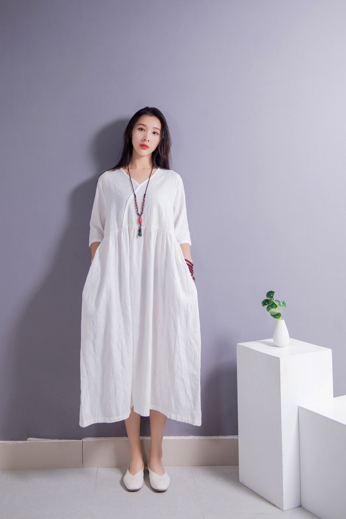Casual Jacquard Linen Dress Cotton Linen Maxi Dress Loose - Etsy