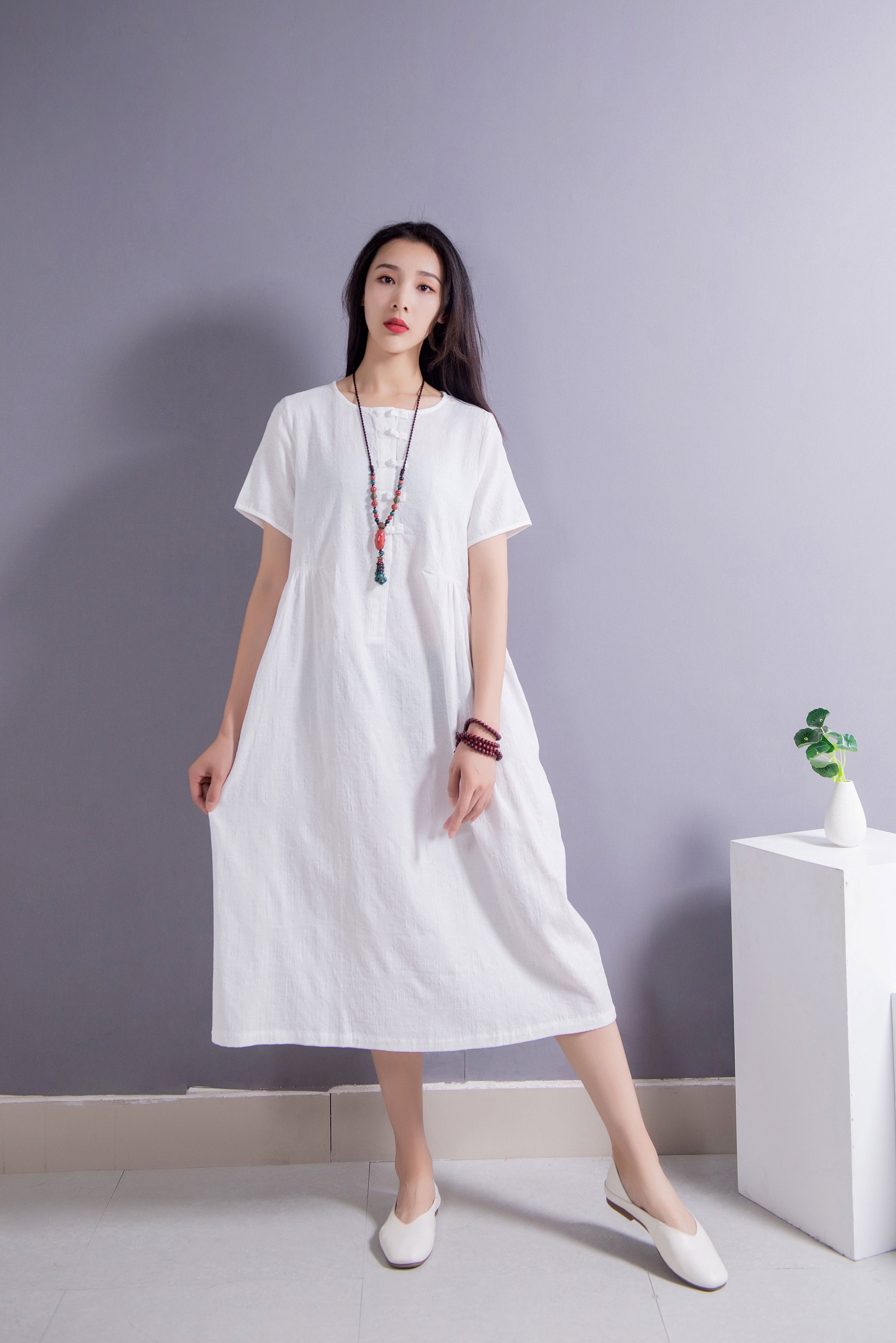 Jacquard Loose Summer Linen Dress Soft Cotton Linen Dress
