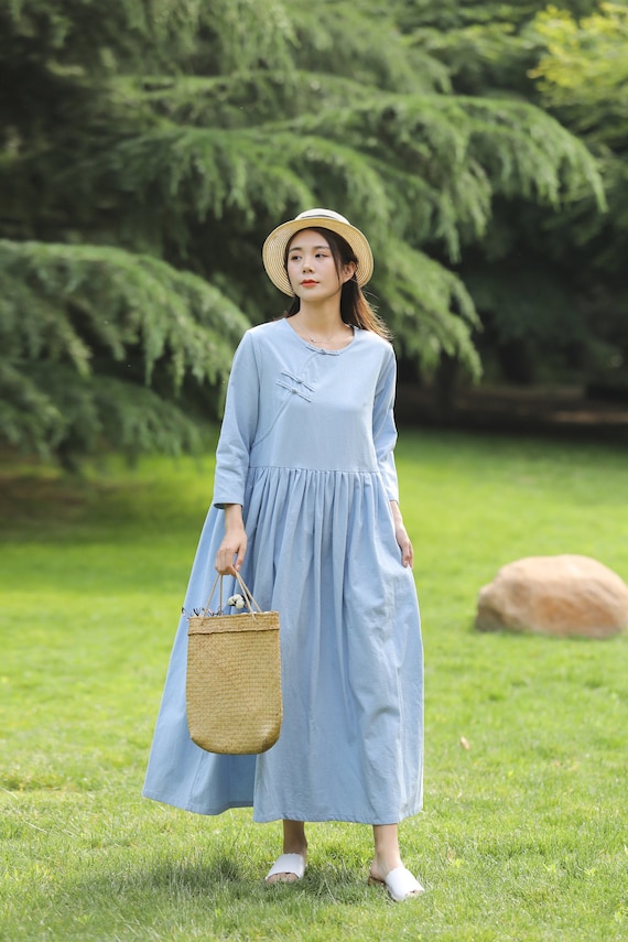 knee length dresses for ladies White Cotton Linen Women Retro Maxi Dress 2864 – Xiaolizi