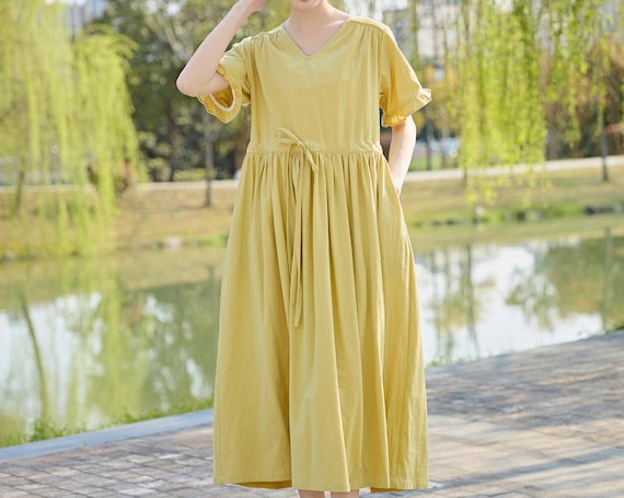 cotton linen summer dresses Women's Sand Maxi Long Dress Loose Blouse Beach Fashion Chic 104 cm / 41 inch Length Women's Cotton Linen Dress Short