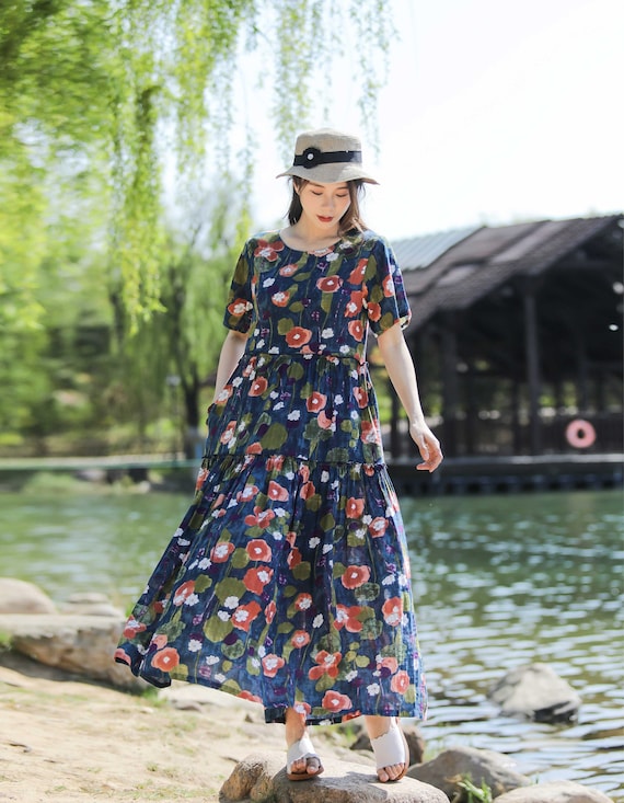 New Arrival Retro Printing Lightweight Summer Dress Soft Cotton Maxi Dress Plus Size Dress Loose Fitting Oversized Dress Holiday Gift