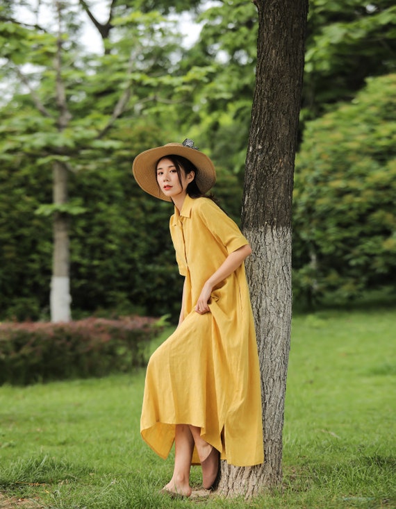 New Arrival Loose Linen Dress Summer Blouse Dress Soft Cotton Linen Maxi Dress Plus Size Linen Plus Size Dress Plus Size Clothing Style 013