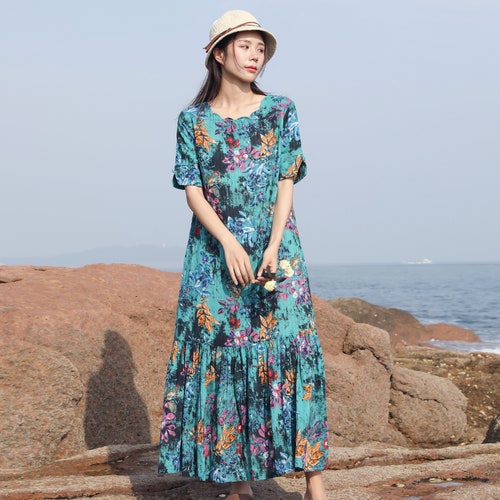 Retro Floral Printing Summer Beach Dress Lightweight Soft Cotton Maxi Dress Loose Oversized Plus Size Dress Plus Size Clothing Style 003P Retro Floral Printing Summer Beach Dress Lightweight Soft Cotton Maxi Dress Loose Oversized Plus Size Dress Plus Size Clothing Style 003P