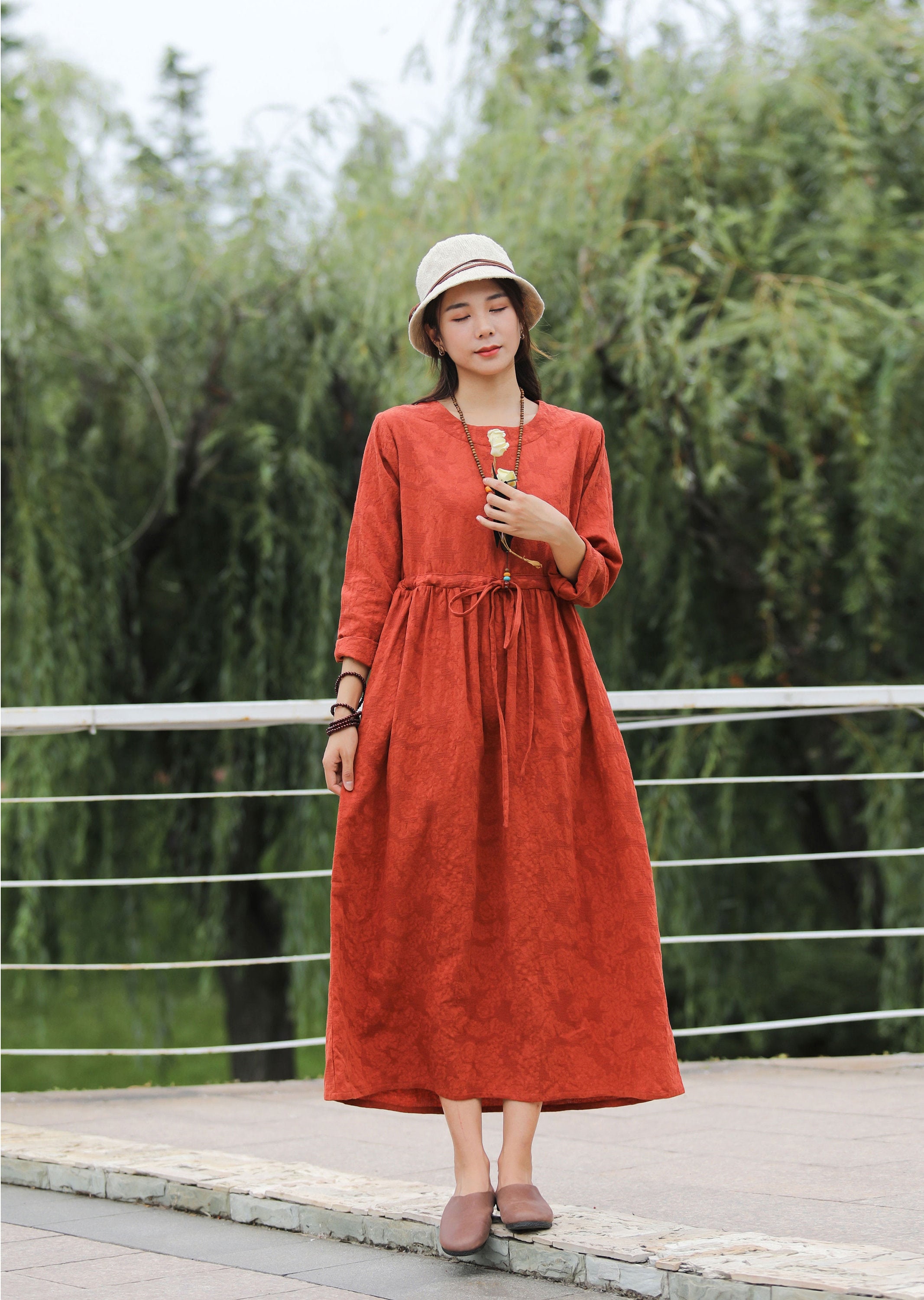 Jacquard Adjustable Waist Loose Linen Dress Soft Cotton Linen Maxi Dress Oversized Dress Plus Size Linen Dress Plus Size Clothing Style 051J