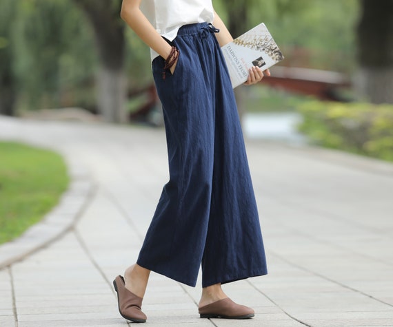 Jacquard Elastic Waist Loose Linen Pants Cotton Linen Casual - Etsy