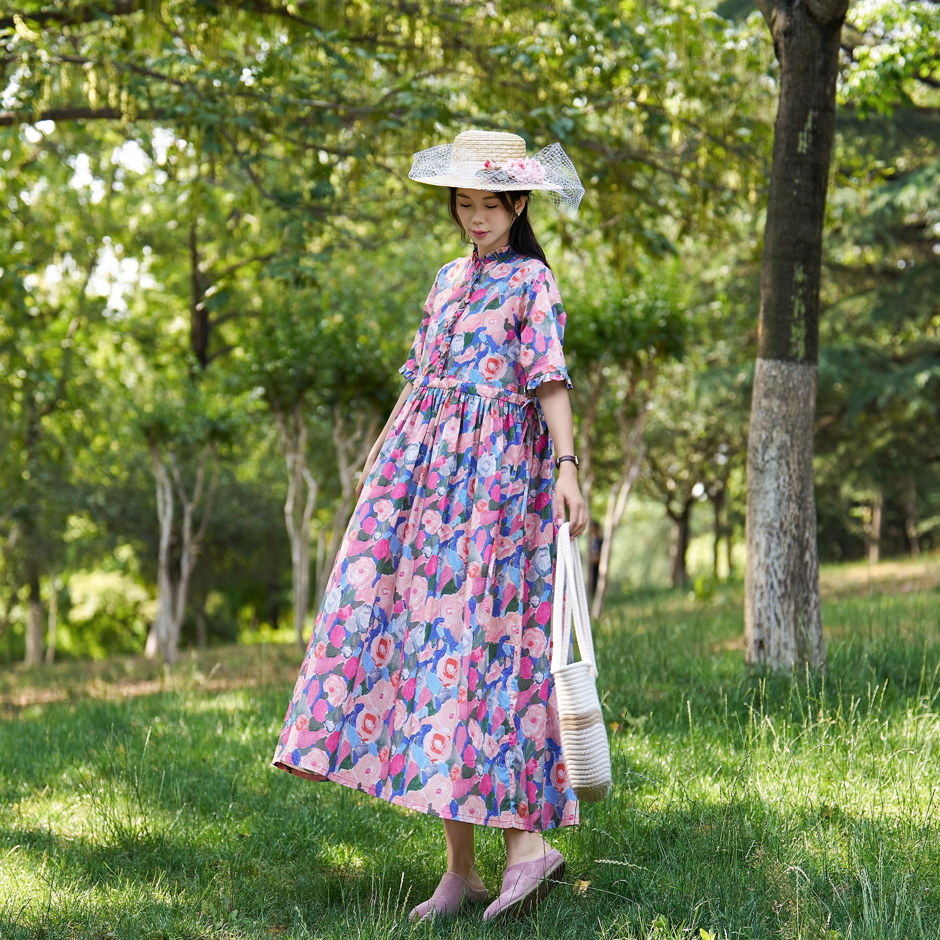 New Arrival Rose Print Cotton Maxi Dress: Romantic Summer Dress
