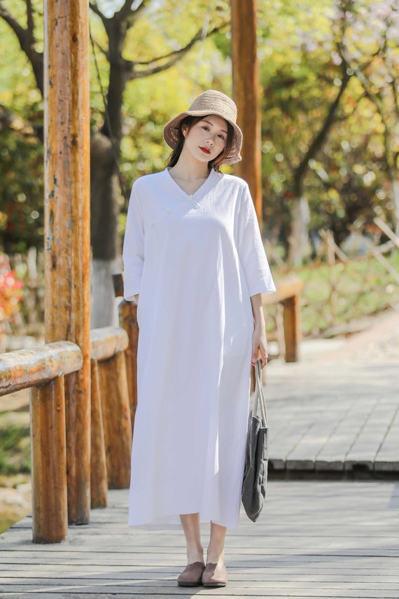 Handmade Knot Buttons Loose Linen Dress Cotton Linen Maxi Dress