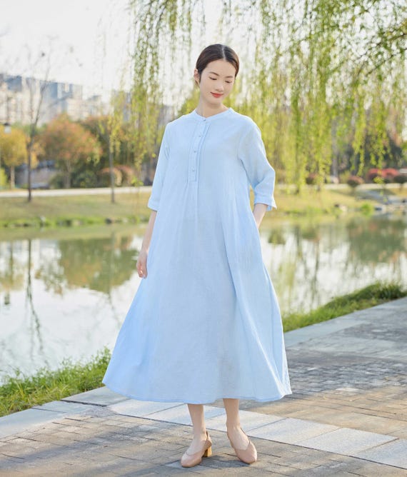 linen dresses plus size uk UPPADA Plus Size Linen Dresses for Women Half Sleeve Crew Neck Buttons Dress Loose Fit Casual Long Dress with Pockets, Women's, Size: Large, Gray