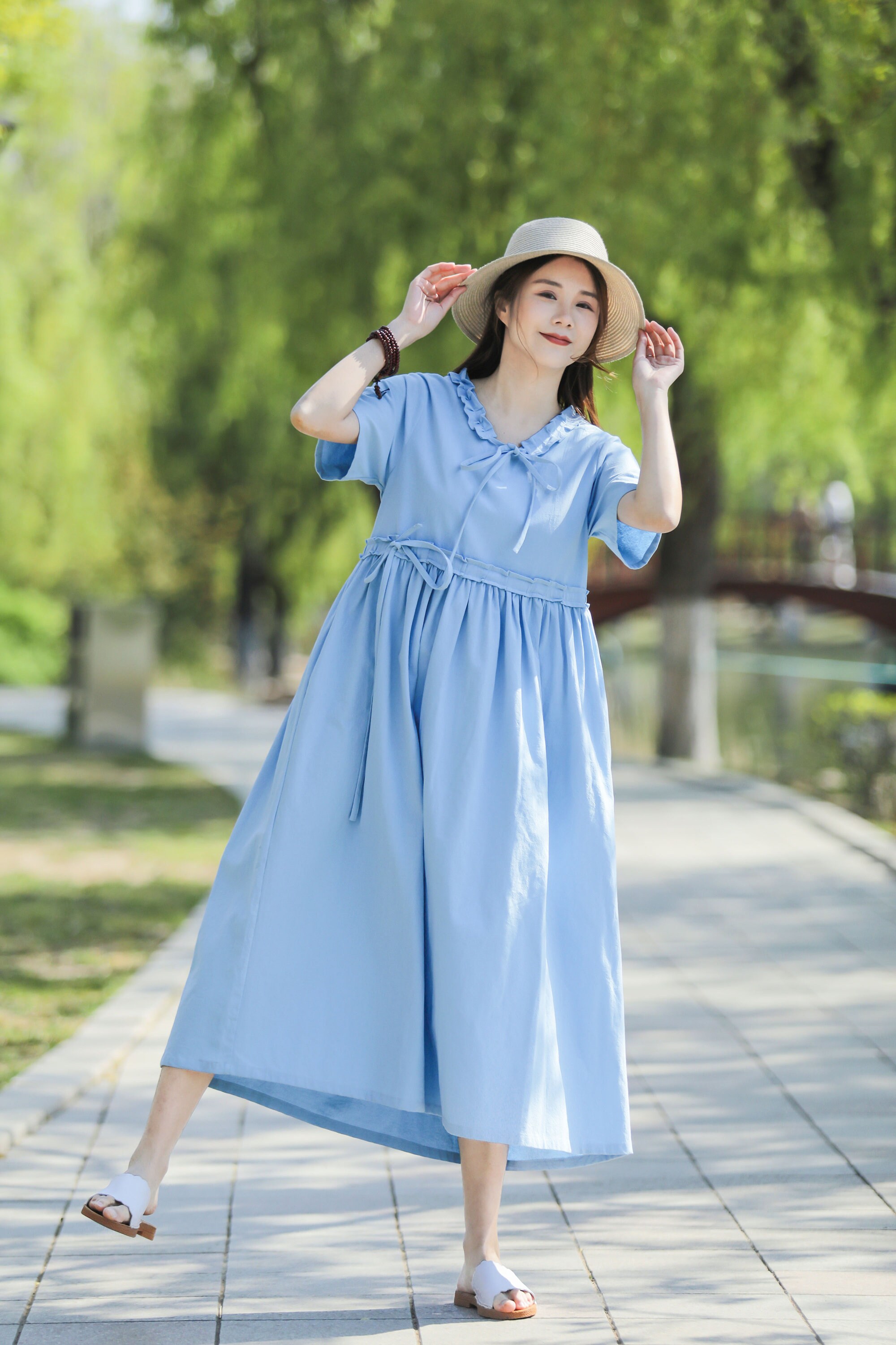 New Arrival Adjustable Waist Linen Summer Dress Soft Cotton Linen Maxi Dress Plus Size Dress Plus Size Clothing Loose Linen Dress Style 161