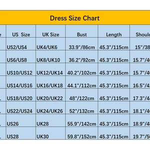May include: Dress size chart with measurements in inches and centimeters. The chart shows sizes from S to 5XL, with corresponding US and UK sizes, bust, length, and shoulder measurements.