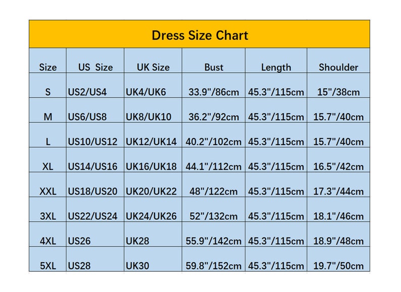 May include: Dress size chart with measurements in inches and centimeters. The chart shows sizes from S to 5XL, with corresponding US and UK sizes, bust, length, and shoulder measurements.