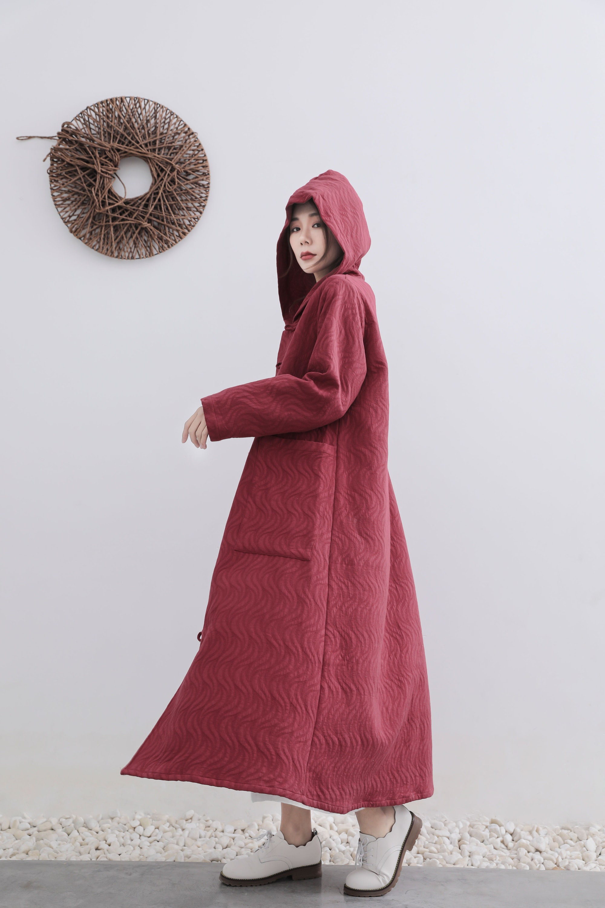 New Arrival Jacquard Hooded Winter Linen Coat Handmade Buttons