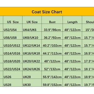 May include: A coat size chart with measurements in inches and centimetres. The chart shows sizes from S to 5XL, with corresponding US and UK sizes, bust, length, and shoulder measurements.