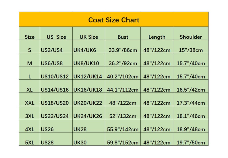 May include: A coat size chart with measurements in inches and centimetres. The chart shows sizes from S to 5XL, with corresponding US and UK sizes, bust, length, and shoulder measurements.