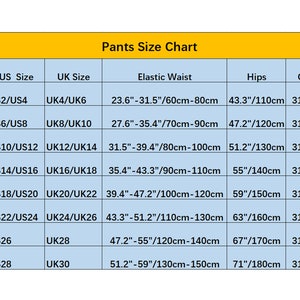 May include: Pants size chart with measurements in inches and centimeters. The chart shows sizes from S to 5XL, with corresponding US and UK sizes, elastic waist measurements, hip measurements, and outseam measurements.