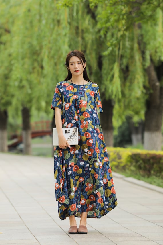 Abito Donna Retrò Floreale In Cotone – Scollo Rotondo, Maniche Corte, Modello Oversize A Linea A Con Tasche, Varie Colori - 4