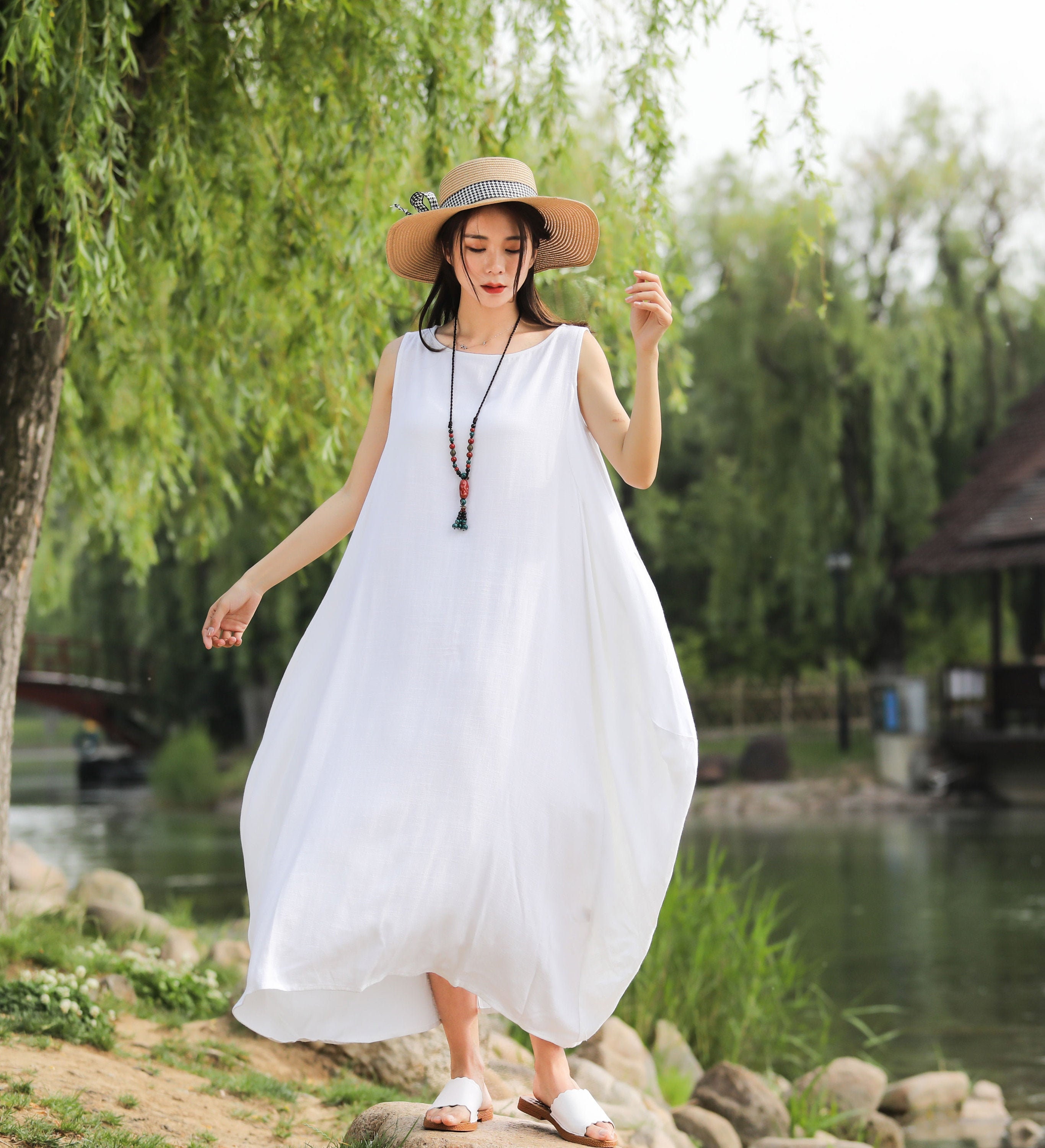 Robe d'été midi en coton et lin pour femmes, à manches courtes, couleur unie, avec boutons et col rond, simple et décontractée - Chine Robe et Dames Dress prix