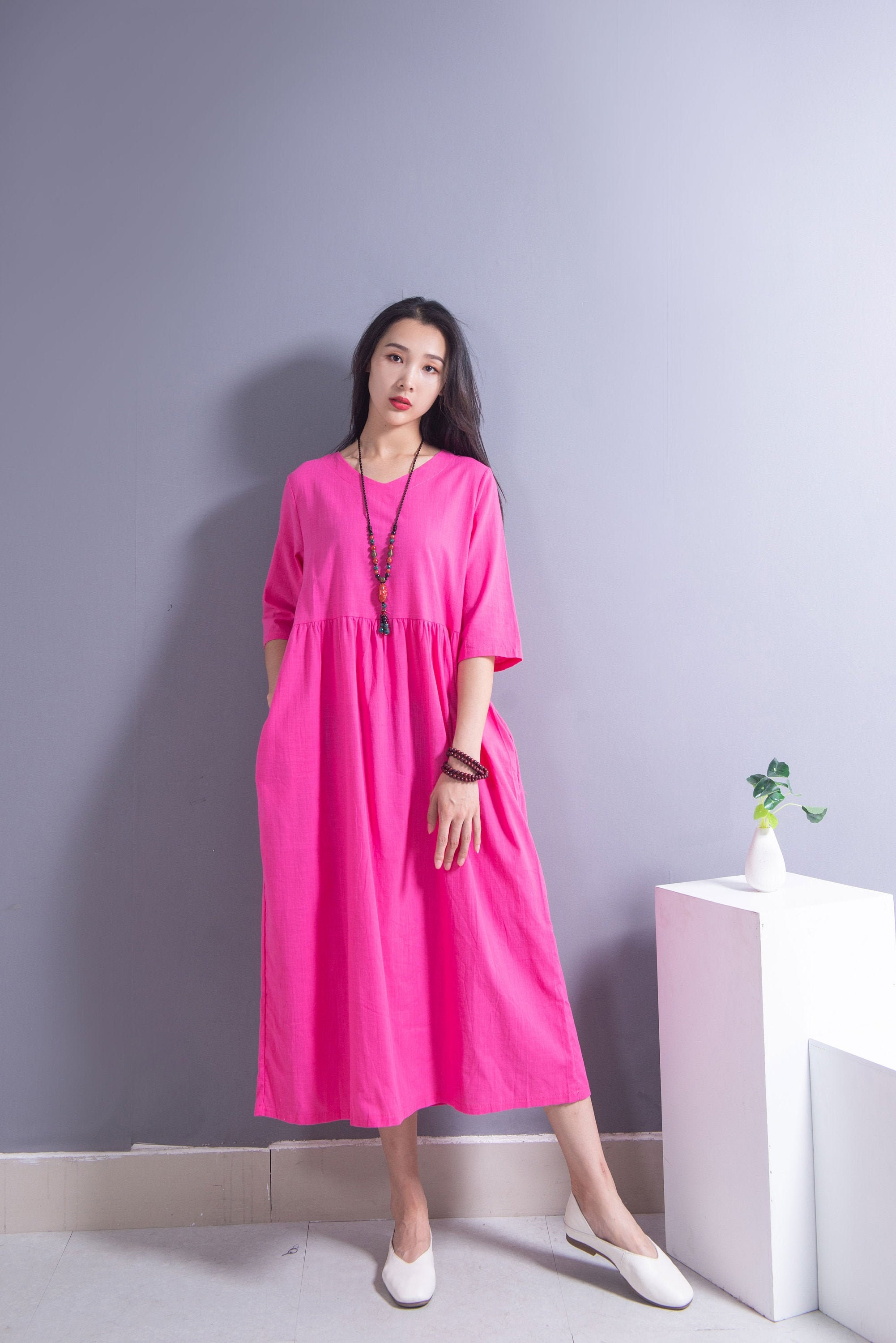 chinese dress ladies Pure Italian Linen Positano Long Blue Dress Short Sleeves M