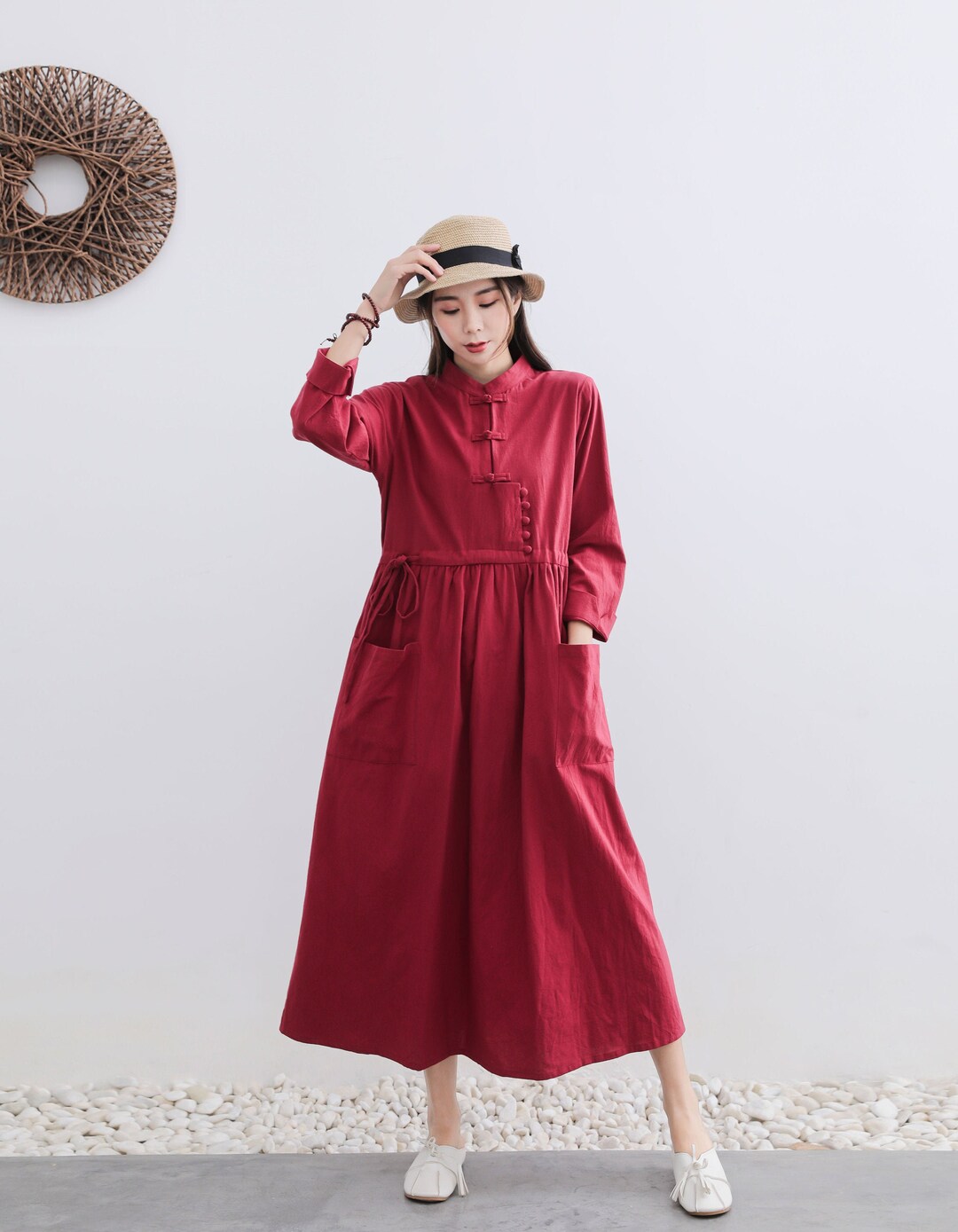 New Arrival Handmade Buttons Linen Dress Spring Cotton Linen Dress Plus Size Dress Plus Size Clothing Loose Oversized Linen Dress Style 155