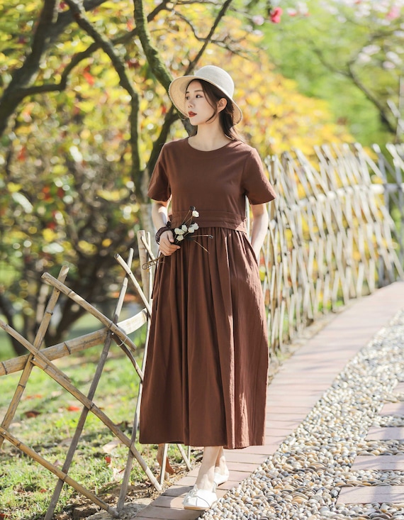 New Arrival Adjustable Waist Linen Summer Dress Soft Cotton Linen Maxi Dress Plus Size Dress Plus Size Clothing Loose Linen Dress Style 169