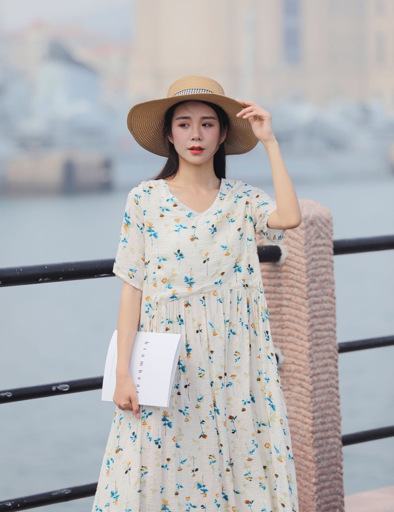 Retro Printing Summer Seaside Cotton Dress Lightweight Soft Cotton Maxi Dress Plus Size Dress Plus Size Clothing Oversized Cotton Dress image 4