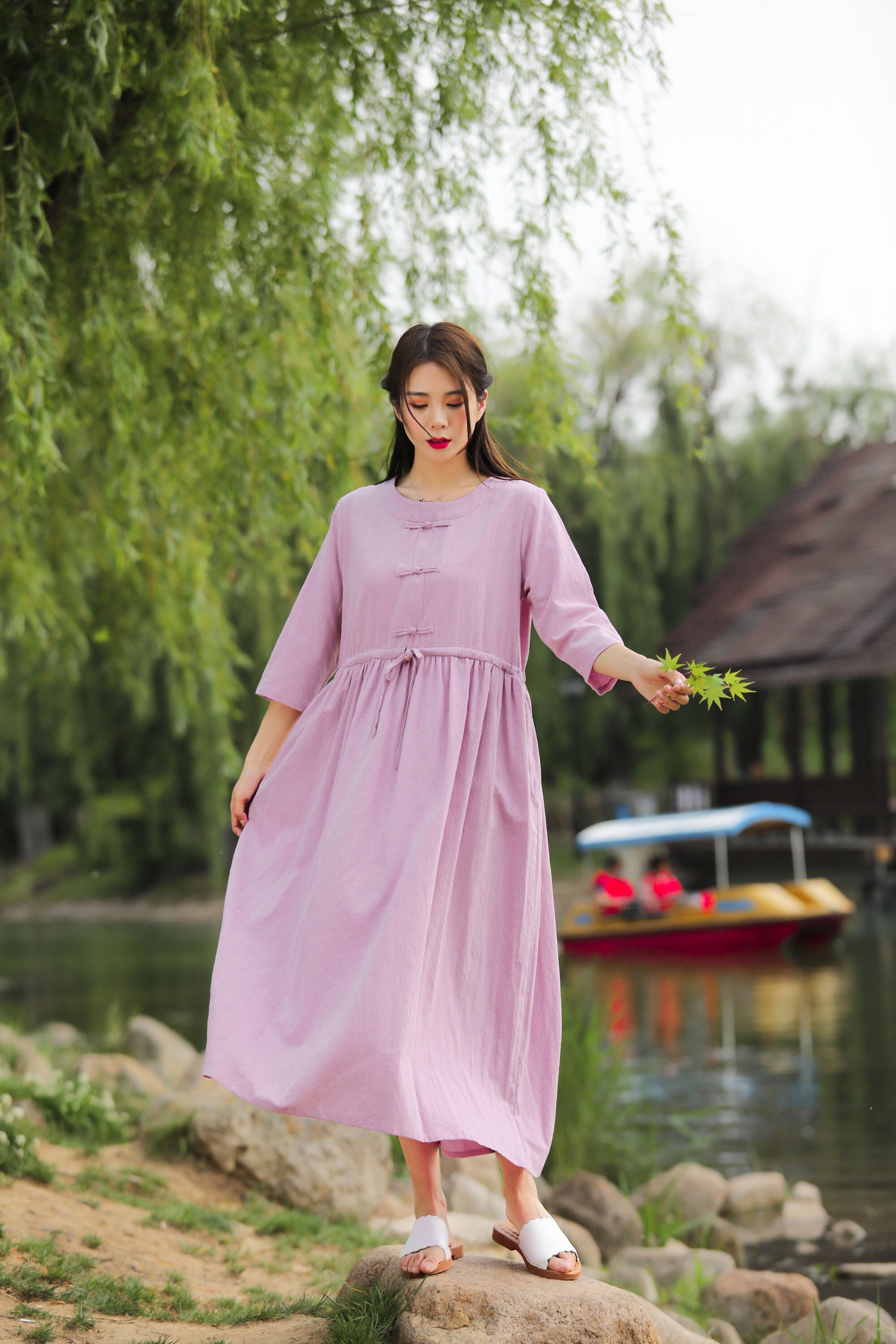 Jacquard Loose Summer Linen Dress Adjustable Waist Soft