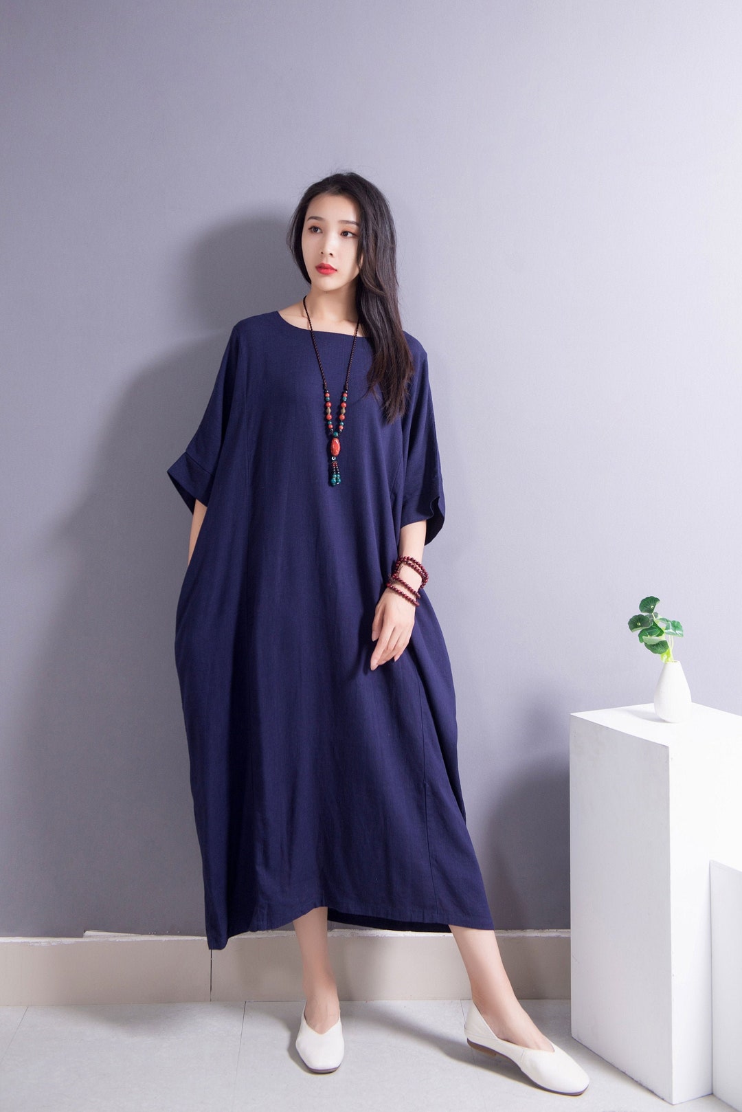 Batwing Sleeves Linen Dress Cotton Linen Maxi Dress Oversized - Etsy