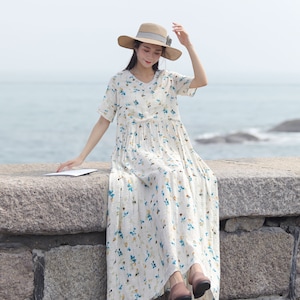 Retro Printing Summer Seaside Cotton Dress Lightweight Soft Cotton Maxi Dress Plus Size Dress Plus Size Clothing Oversized Cotton Dress image 1