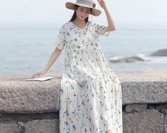 Retro Printing Summer Seaside Cotton Dress Lightweight Soft Cotton Maxi Dress Plus Size Dress Plus Size Clothing Oversized Cotton Dress