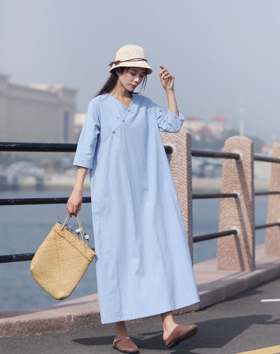 Handmade Buttons Linen Dress Loose Cotton Linen Maxi Dress Plus Size ...