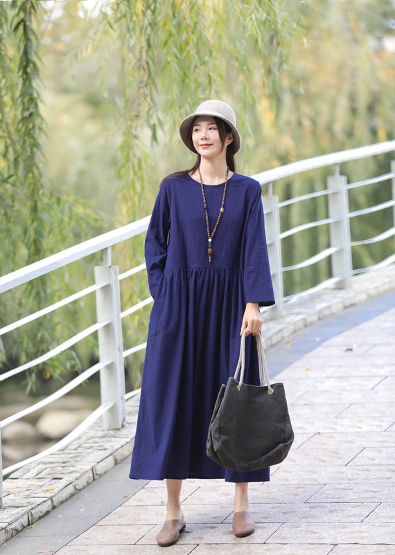 white christmas dresses Cotton Linen Long Sleeve Loose Midi Dress
