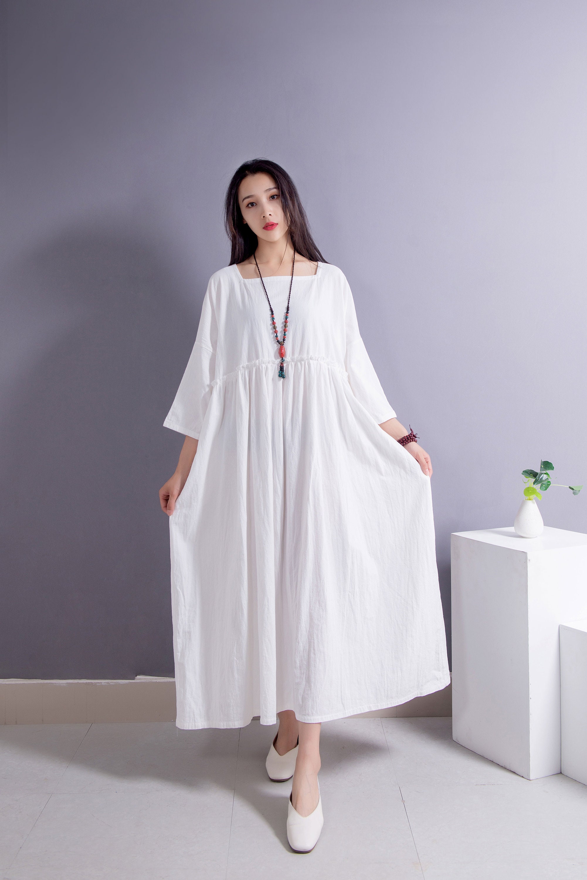Batwing Sleeves Linen Maxi Dress Loose Cotton Linen Dress Plus | Etsy